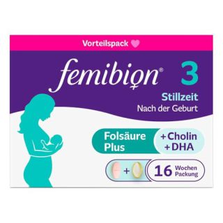 Femibion 3 Stillzeit, Tägliches Nahrungsergänzung für die Laktation, Mit Cholin, DHA, Folsäure, Metafolin, 16-Wochen-Pack, 2 x 112 Stück