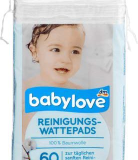 Babylove Reinigungswattepads, 60 Stück, Hautreinigungstuch, Wattepad, Chlorfrei, Baumwolle, Rechteckig
