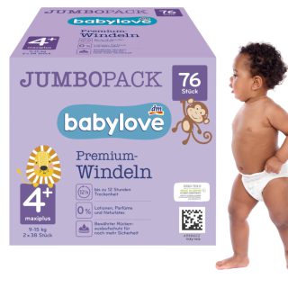 babylove Windeln Premium aktiv plus Größe 4+, maxiplus 9-20kg, Jumbo Pack 2x38 Stück, 76 St