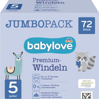 babylove Windeln Premium aktiv plus Größe 5, junior 12-25kg, Jumbo Pack, 2x36 Stück, 72 St