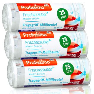 Profissimo Frischezauber Tragegriff Müllbeutel 25 Liter (75 Stück) - 3er Pack (3 x 25 Stück) mindert Gerüche reißfest und flüssigkeitsdicht