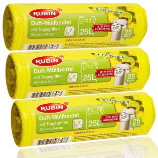 Rubin Duft Müllbeutel - 25 Liter (75 Stück) - Mit Tragegriffen - dezent duftend - 3er Pack (3 x 25 Stück) - Ideal für Haushalt- Büro- und Badeimer