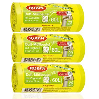 SMS Versand Müllbeutel mit Kordelzug, mit frischem Zitrusduft, 60 Liter, 60 Stück, 3 x 20 Stück, ideal für Zuhause, Büro und Badezimmer