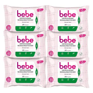 bebe Erfrischende Reinigungstücher (6 x 25 Tücher), milde Abschminktücher mit Rosenwasser, Make-up Entferner aus Fasern 100% pflanzlichen Ursprung, Gesichtsreinigung für normale Haut, vegan*