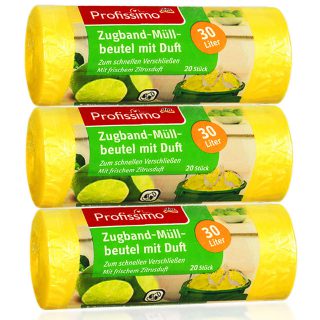 Müllbeutel mit frischem Zitrusduft - 30 Liter (60 Stück) - 3er Pack (3 x 20 Stück) - Ideal für Büro, Haushalt und Bad