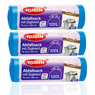Zugband Müllsäcke - 120 Liter (30 Stück) - Für Haushalt und Büro - Reißfest und Flüssigkeitsdicht - 3er Pack (3x10 Stück) - Recyclebar - Besonders klein verpackt
