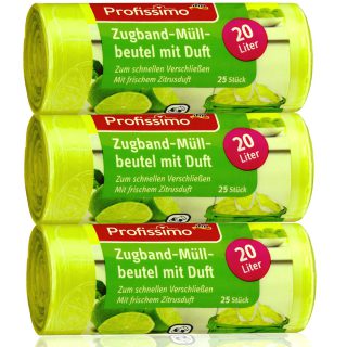Profissimo 20 Liter Zugband Müllbeutel mit frischem Zitrusduft - 3er Pack - 75 Beutel (3 x 25 Stück) - Ideal für Haushalt, Büro und Bad