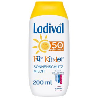 Ladival, Kinder Sonnenmilch LSF 50+ – Parfümfreie Sonnenschutzlotion für Kinder – ohne Farb und Konservierungsstoffe – wasserfest , farblos, 200 ml