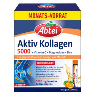 Abtei Aktiv Kollagen 5000 – Für gesunde Knochen und Muskeln – Hochdosiert, Zuckerfrei, Glutenfrei, Laktosefrei – Monatspackung – 30 Trinkampullen