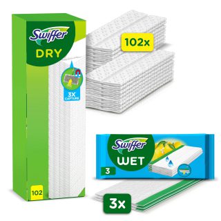 Swiffer Bodenwischer Mit 102 Trockenen Bodentüchern Nimmt Schmutz Auf Und Schließt Ihn Ein (+3 Feuchte Bodentücher als Probepackung)