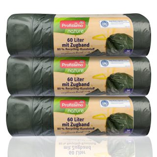 Öko Müllbeutel mit Zugband - 60 Liter (60 Stück) - Extrem Reißfest & Flüssigkeitsdicht - 3er Pack (3x20 Stück) - "Blauer Engel" Zertifikat