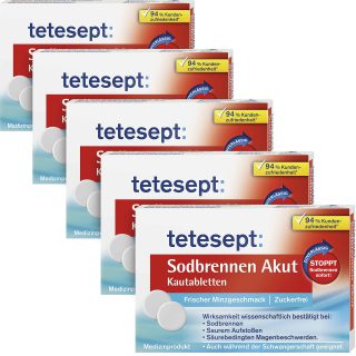 tetesept Sodbrennen Akut Kautabletten – 5 x 20 Tabletten – mit frischem Minzgeschmack, zuckerfrei – schnell wirkende Magentabletten gegen Sodbrennen