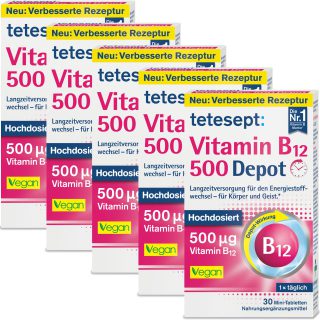 tetesept Vitamin B12 Depot – Hochdosiert mit 500?g Vitamin B12 zur Langzeitversorgung des Energiestoffwechsels - für Körper und Geist - Vegan - 5 x 30 Mini-Tabletten (Nahrungsergänzungsmittel)
