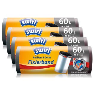 Swirl Fixierband-Müllbeutel, 60 Liter, 4 Rollen mit je 10 Beuteln, Anthrazit