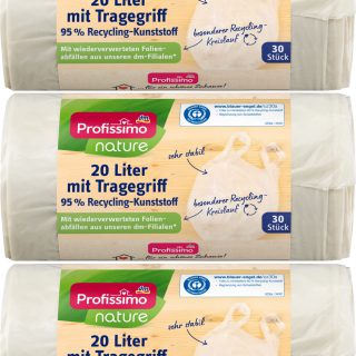 Recycling Müllbeutel mit Tragegriff - 20 Liter - Reißfest & Flüssigkeitsdicht - 3er Pack - 90 Stück ( 3 x 30 Stück) - Produkt & Verpackung recyclebar