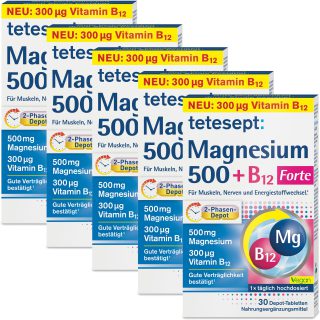 tetesept Magnesium 500 + B12 Forte - 5 x 30 Tabletten - hochdosiert – Magnesium und Vitamin B12 Kombipräparat mit 2-Phasen-Depot - Nahrungsergänzungsmittel für Muskeln, Nerven und Energiestoffwechsel*