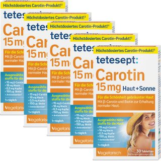 tetesept Carotin 15 mg Haut + Sonne – 5 x 30 Tabletten – Haut Vitamine für die Schönheit gebräunter Haut – Nahrungsergänzungsmittel mit ?-Carotin und Antioxidantien
